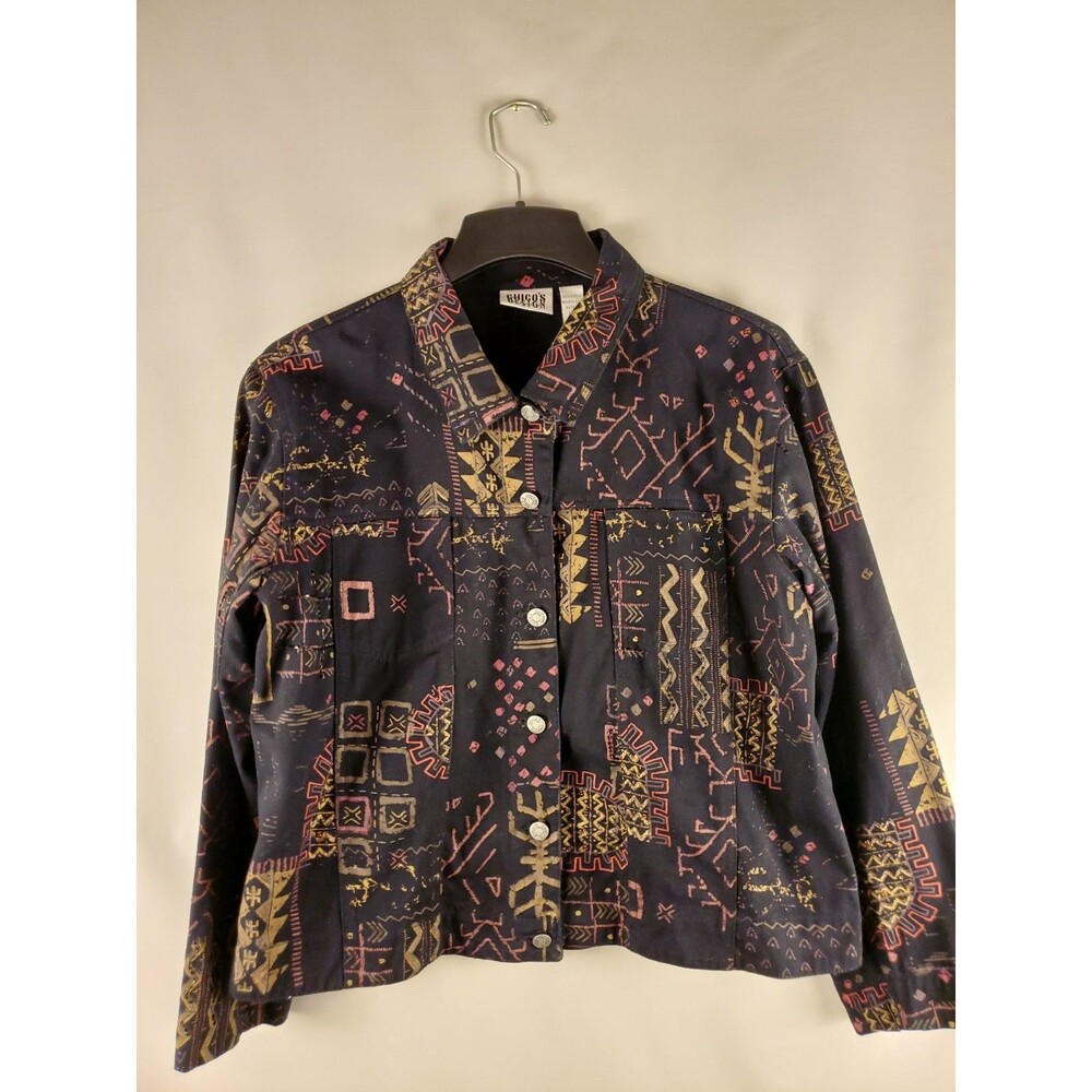 Vintage Chico's Sz XLARGE 3 Earthy Artisan Denim Black Jacket Art to Wear Boho